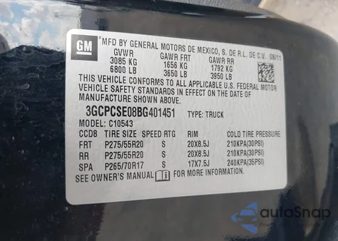 2011 Chevrolet Silverado 1500 Lt из США, поврежденный, VIN 3GCPCSE08BG401451